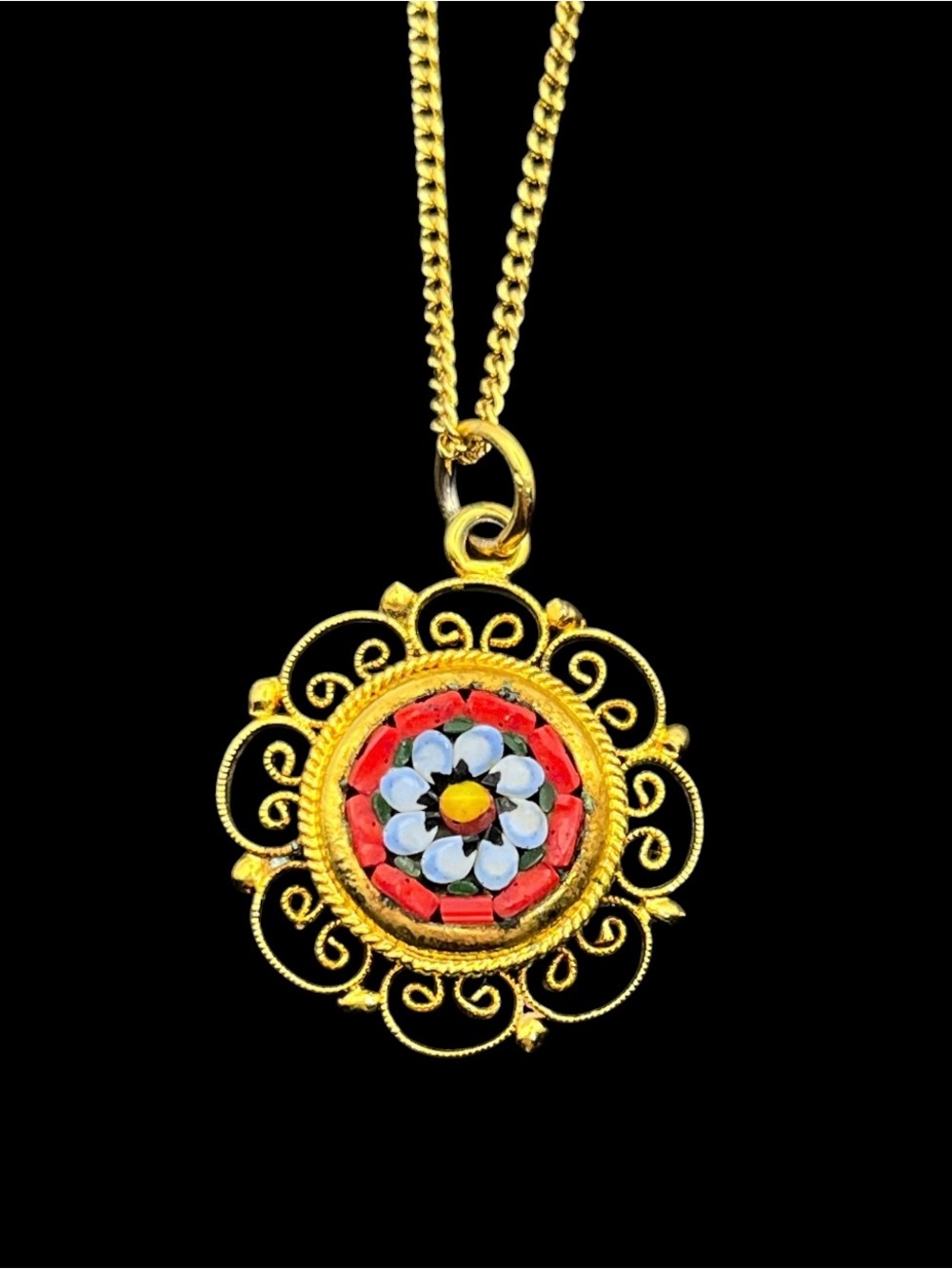Italy micro mosaic red blue flower gold tone filigree pendant on chain necklace